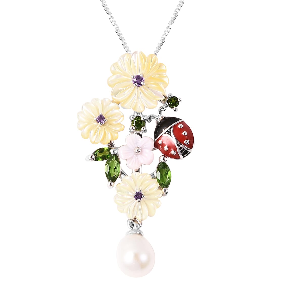 Jardin Collection - Yellow Mother of Pearl, Freshwater Pearl and Multi Gemstone Ladybug Floral Enamelled Pendant with Chain (Size 18) in Rhodium Overlay Sterling Silver