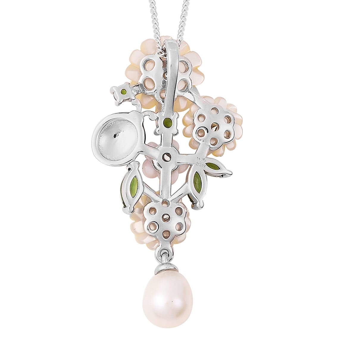 Jardin Collection - Yellow Mother of Pearl, Freshwater Pearl and Multi Gemstone Ladybug Floral Enamelled Pendant with Chain (Size 18) in Rhodium Overlay Sterling Silver