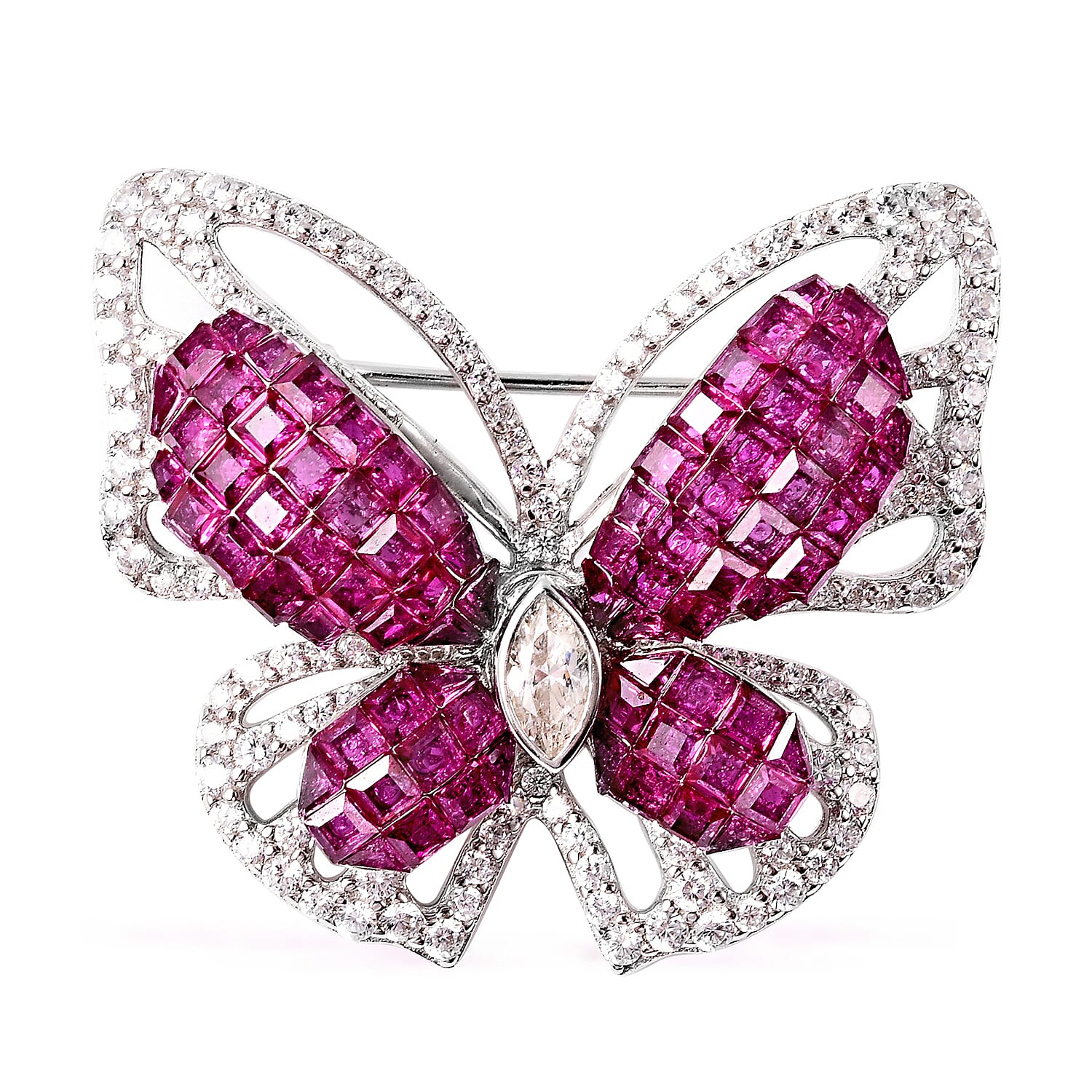 Lustro Stella - Mystery Setting Simulated Ruby and Simulated Diamond Butterfly Brooch in Rhodium Overlay Sterling Silver