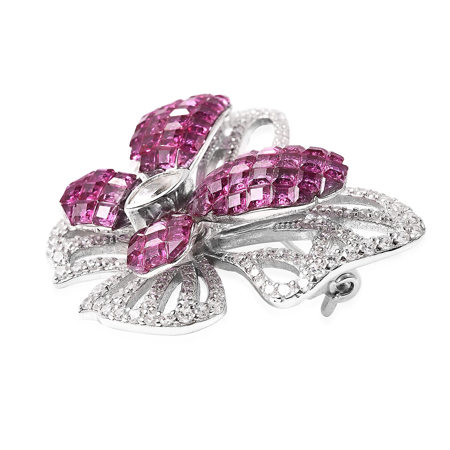 Lustro Stella - Mystery Setting Simulated Ruby and Simulated Diamond Butterfly Brooch in Rhodium Overlay Sterling Silver