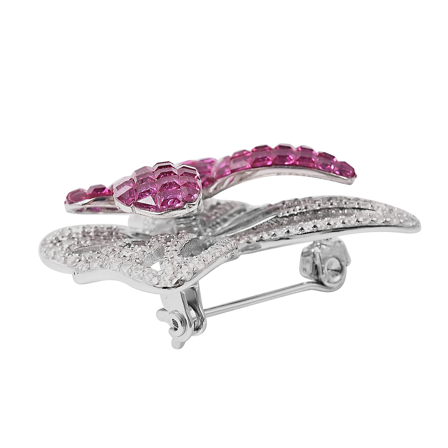 Lustro Stella - Mystery Setting Simulated Ruby and Simulated Diamond Butterfly Brooch in Rhodium Overlay Sterling Silver