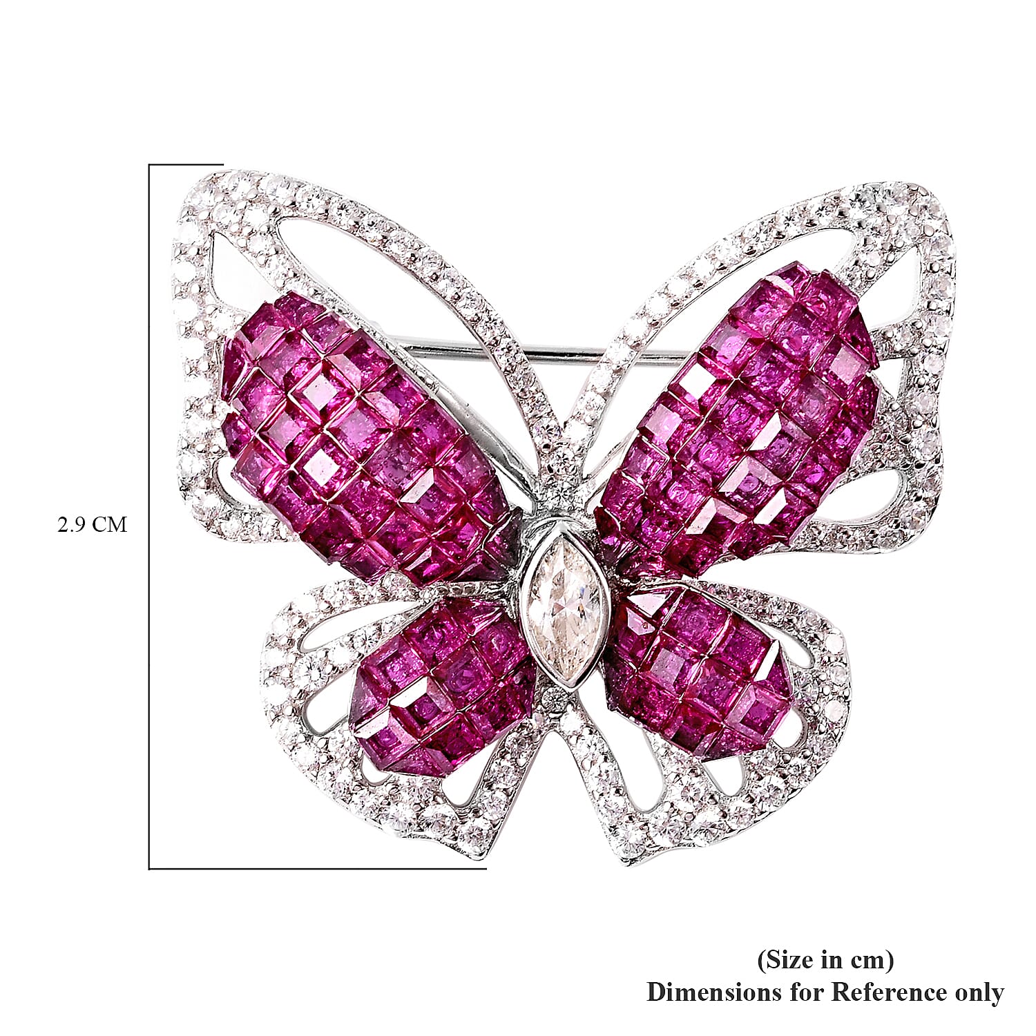 Lustro Stella - Mystery Setting Simulated Ruby and Simulated Diamond Butterfly Brooch in Rhodium Overlay Sterling Silver