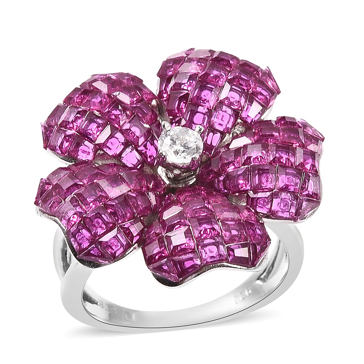 Lustro Stella Simulated Ruby and Simulated Diamond Floral Ring in Rhodium Overlay Sterling Silver