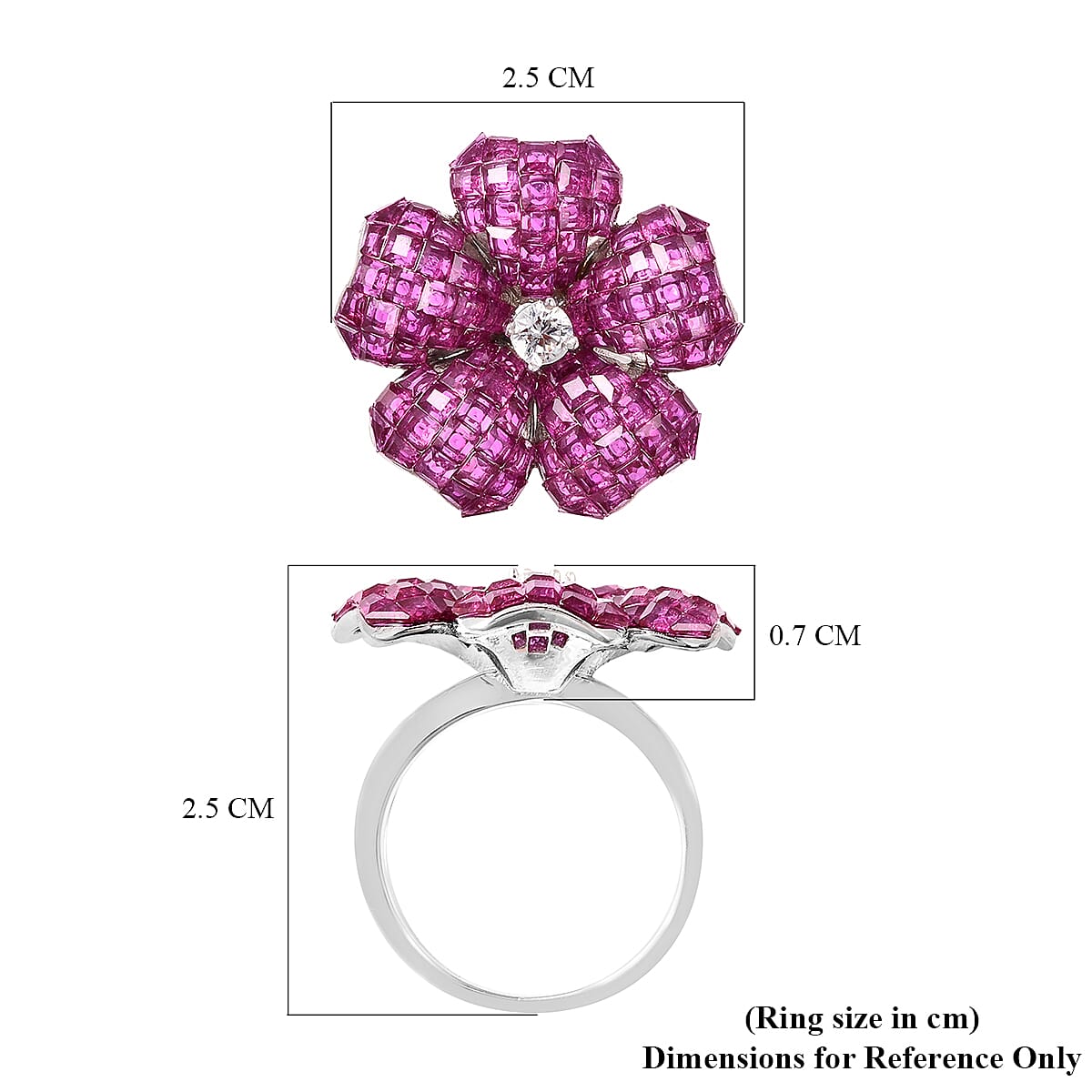 Lustro Stella Simulated Ruby and Simulated Diamond Floral Ring in Rhodium Overlay Sterling Silver