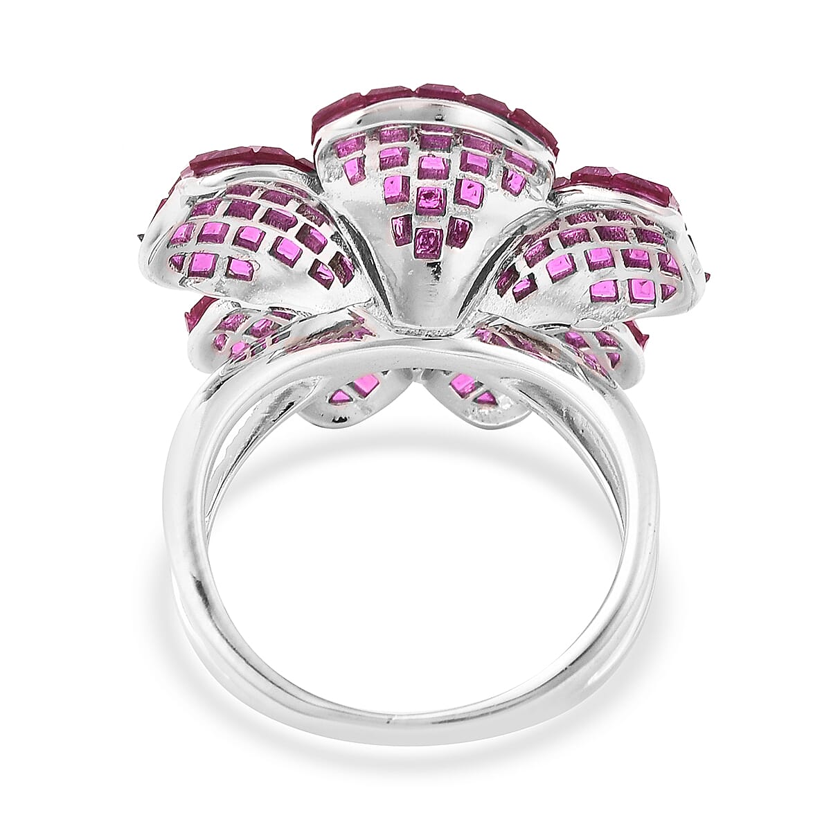 Lustro Stella Simulated Ruby and Simulated Diamond Floral Ring in Rhodium Overlay Sterling Silver