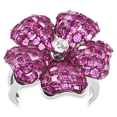 Lustro Stella Simulated Ruby and Simulated Diamond Floral Ring in Rhodium Overlay Sterling Silver