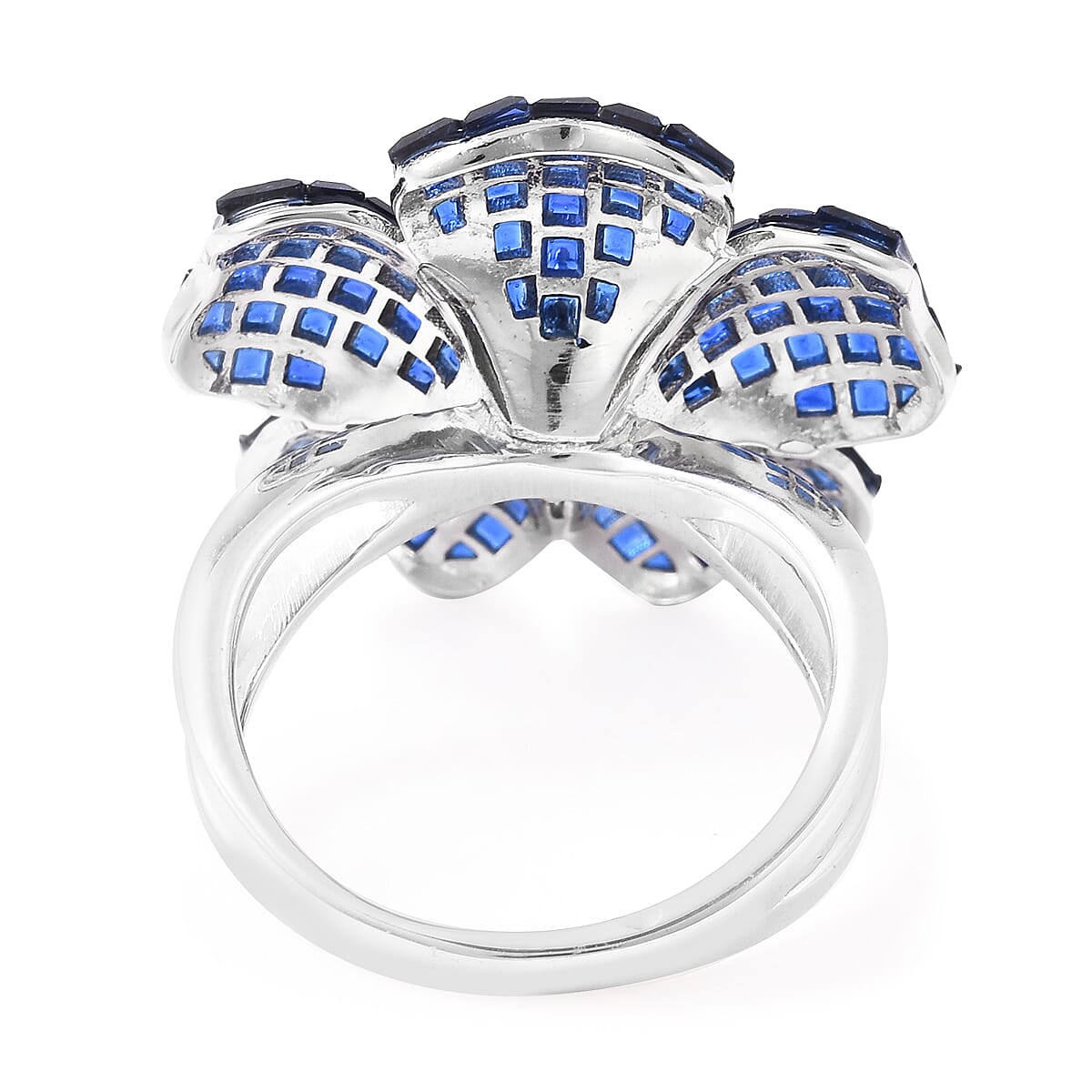 Lustro Stella - Mystery Setting Simulated Blue Sapphire and Simulated Diamond Floral Ring in Rhodium Overlay Sterling Silver