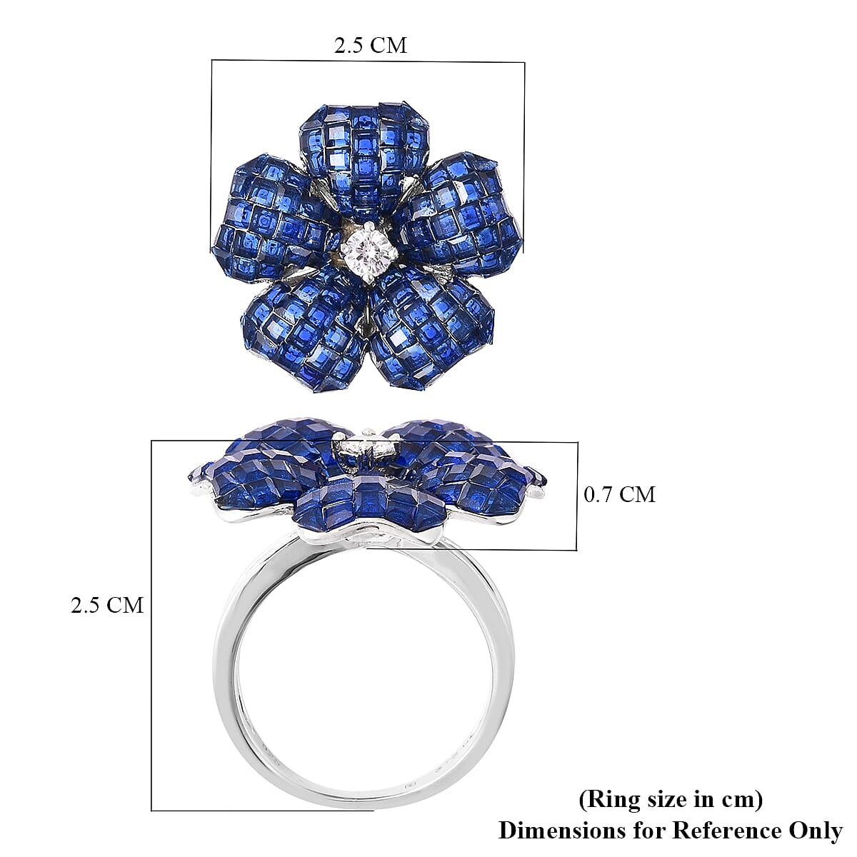 Lustro Stella - Mystery Setting Simulated Blue Sapphire and Simulated Diamond Floral Ring in Rhodium Overlay Sterling Silver
