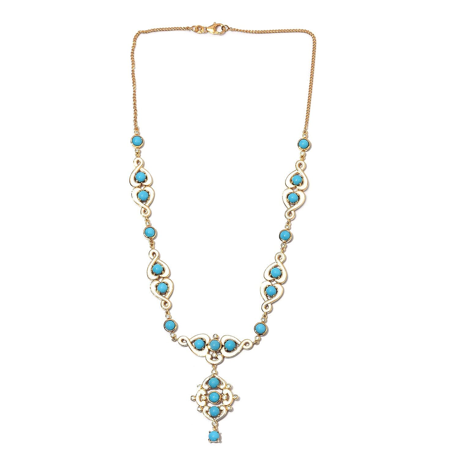 Arizona Sleeping Beauty Turquoise, Natural Cambodian Zircon Enamelled Necklace (Size 18) in 14K Gold Overlay Sterling Silver 11.25 Ct, Silver wt 20.00 Gms