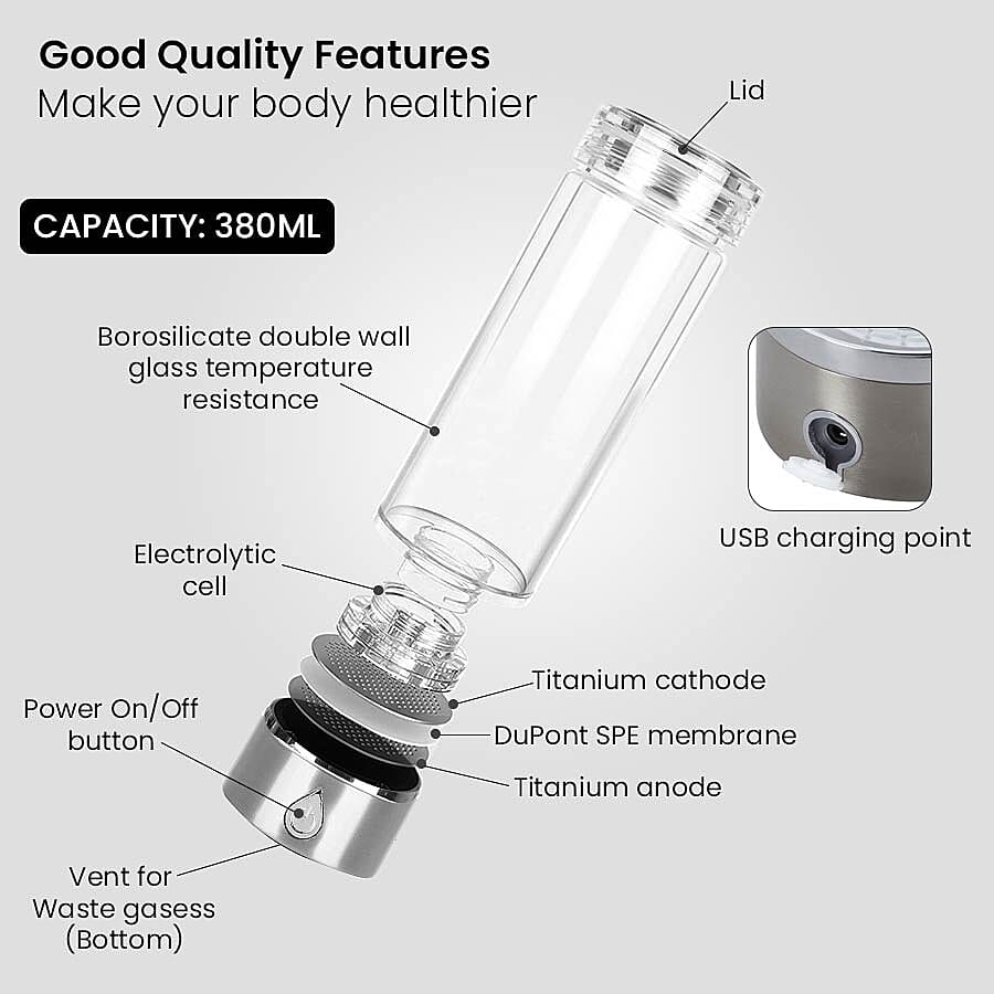 380ml Portable Hydrogen Water Generator Bottle with SPE and PEM Technology (Size 7x21 Cm) - Silver