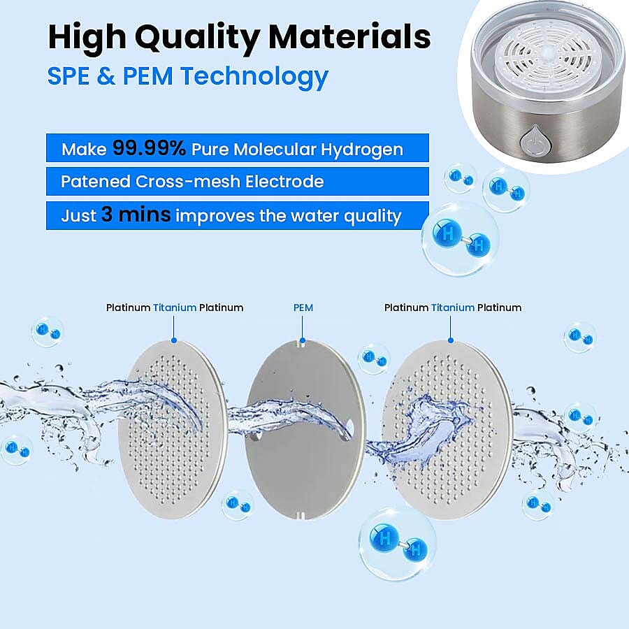 380ml Portable Hydrogen Water Generator Bottle with SPE and PEM Technology (Size 7x21 Cm) - Silver