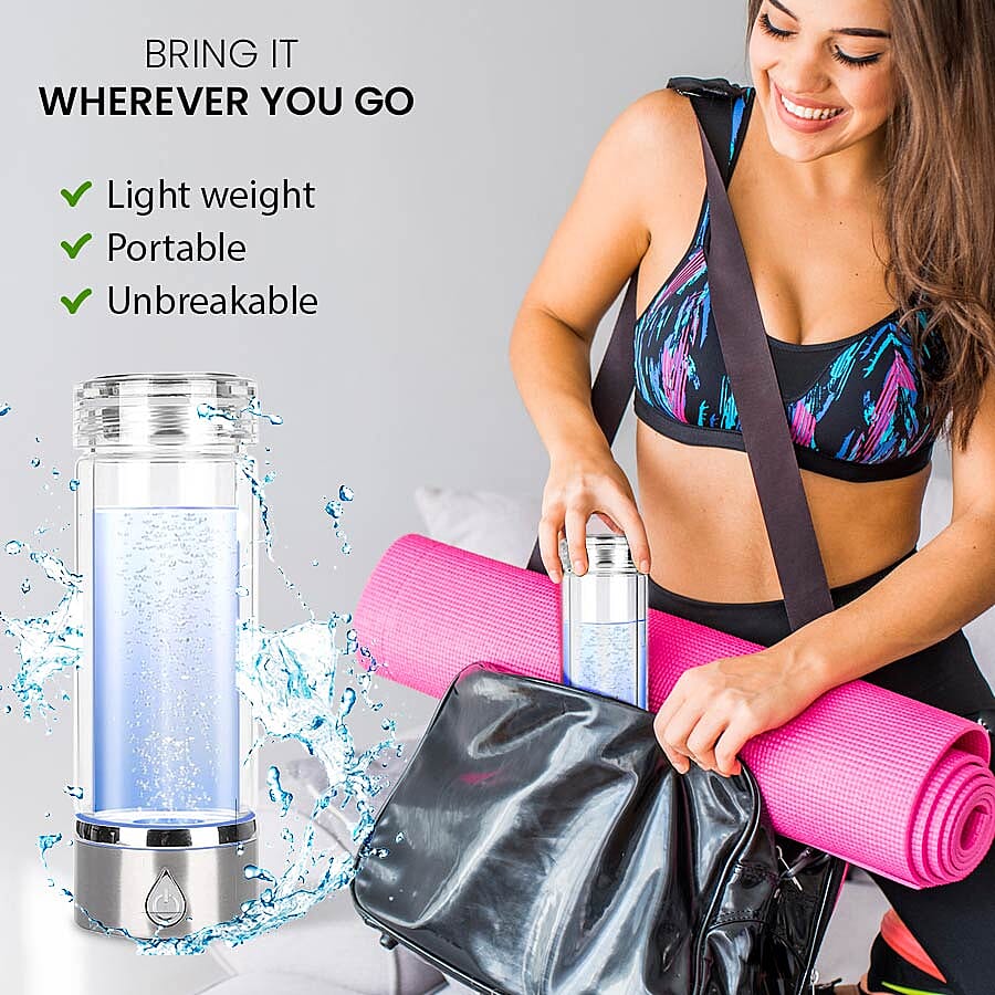 380ml Portable Hydrogen Water Generator Bottle with SPE and PEM Technology (Size 7x21 Cm) - Silver