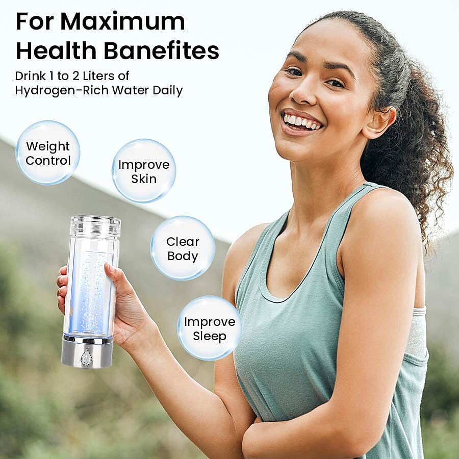 380ml Portable Hydrogen Water Generator Bottle with SPE and PEM Technology (Size 7x21 Cm) - Silver