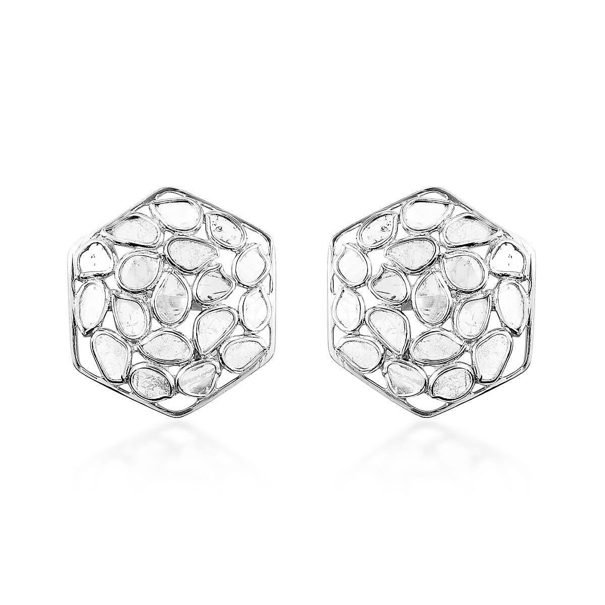 Polki Diamond Stud Earrings (with Push Back) in Platinum Overlay Sterling Silver 2.30 Ct.
