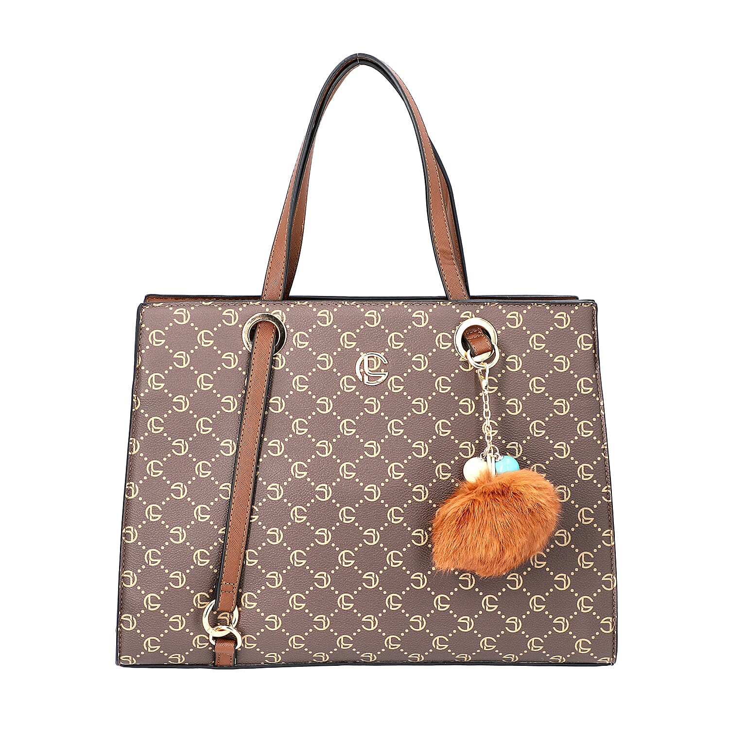 LOCK SOUL Handbag with Fuzzy Ball Tassel (35.3x13.5x27cm) - Brown