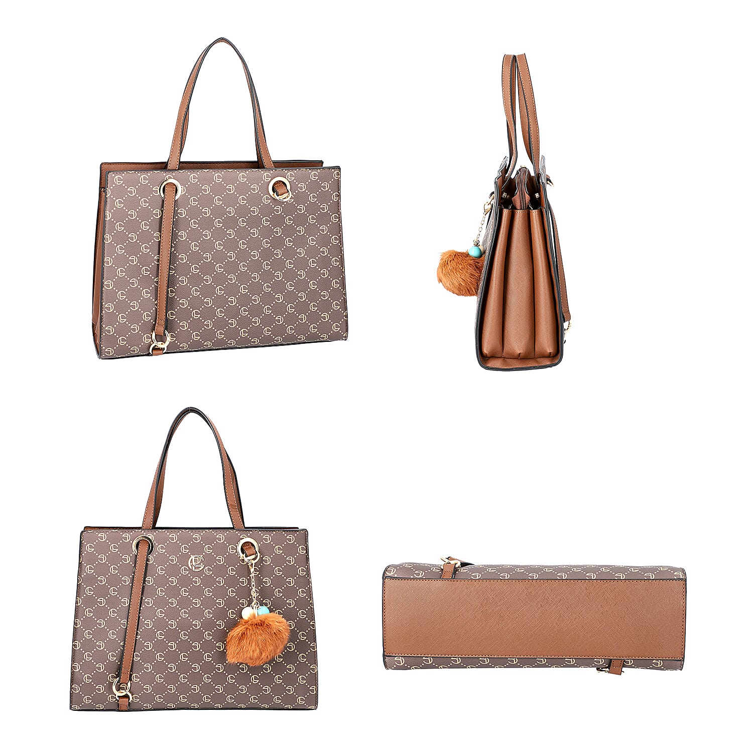 LOCK SOUL Handbag with Fuzzy Ball Tassel (35.3x13.5x27cm) - Brown