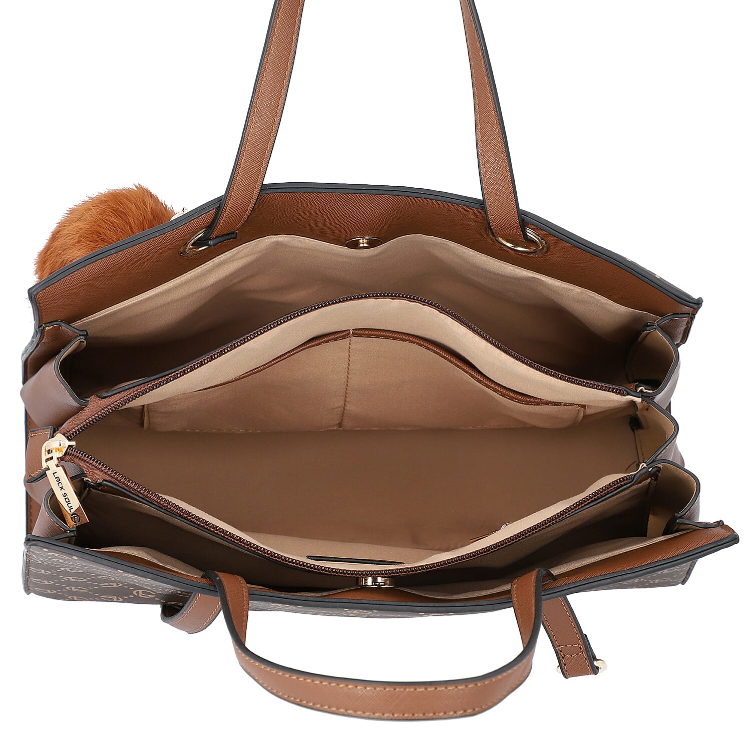 LOCK SOUL Handbag with Fuzzy Ball Tassel (35.3x13.5x27cm) - Brown