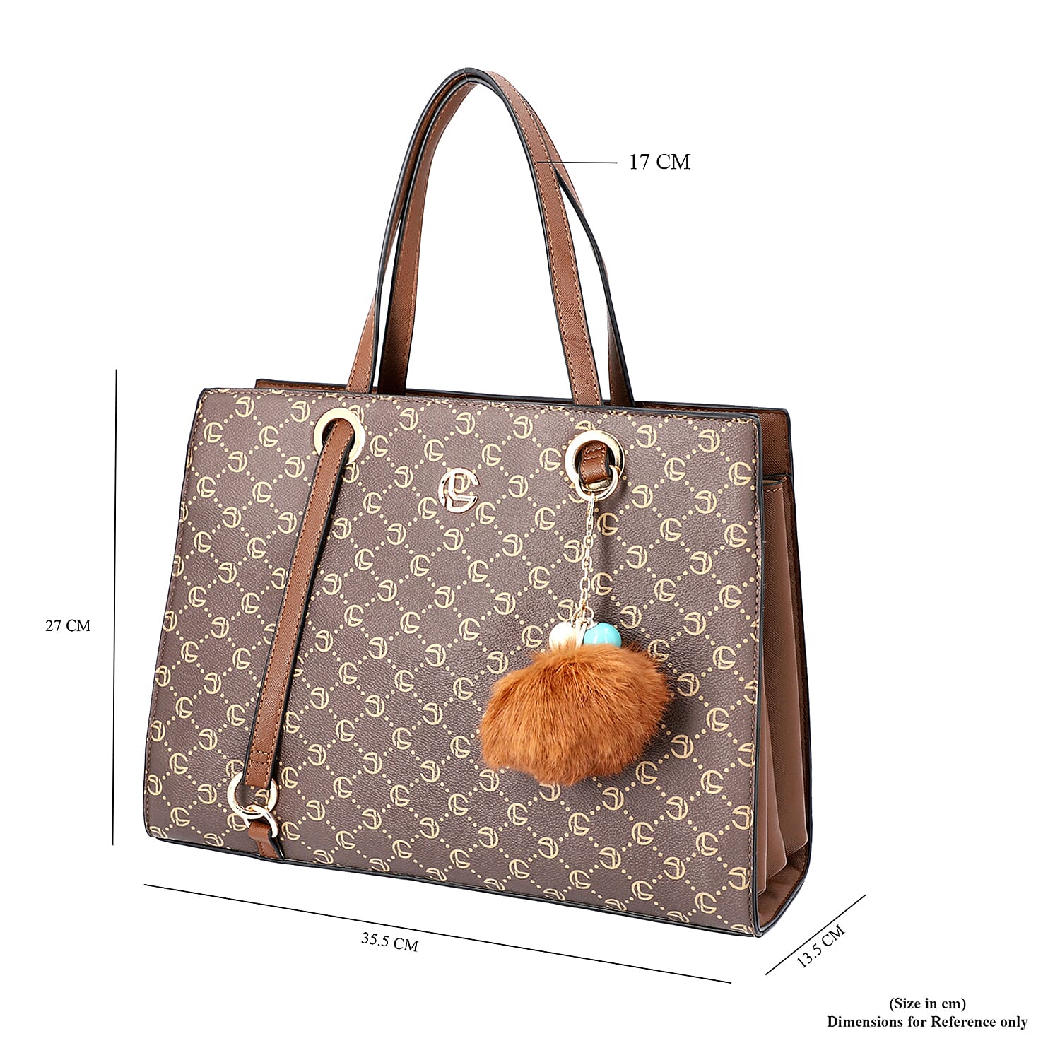 LOCK SOUL Handbag with Fuzzy Ball Tassel (35.3x13.5x27cm) - Brown