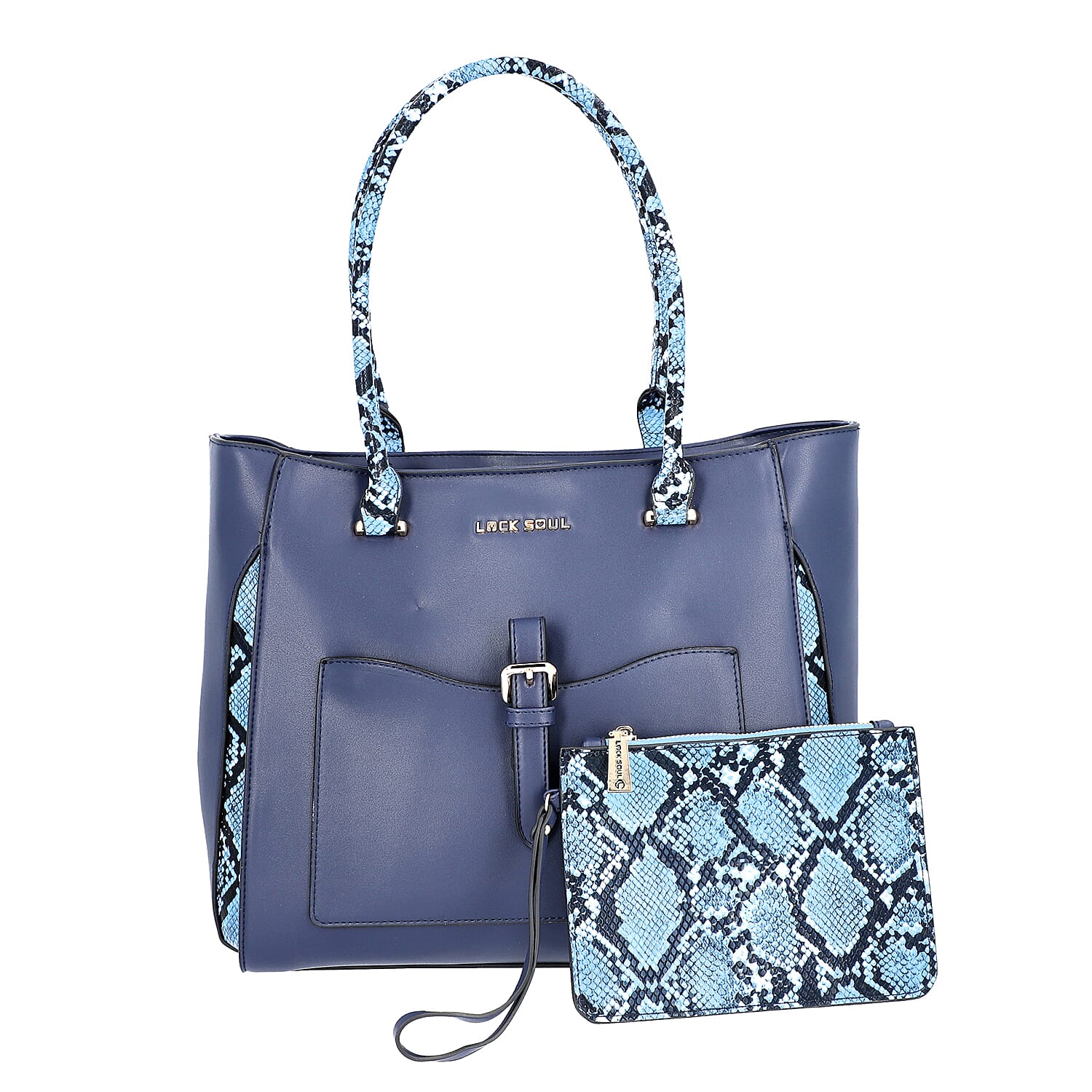 LOCK SOUL  Blue Snake Pattern Handbag with Detachable Shoulder Strap (38x16x30cm) - Dark Blue