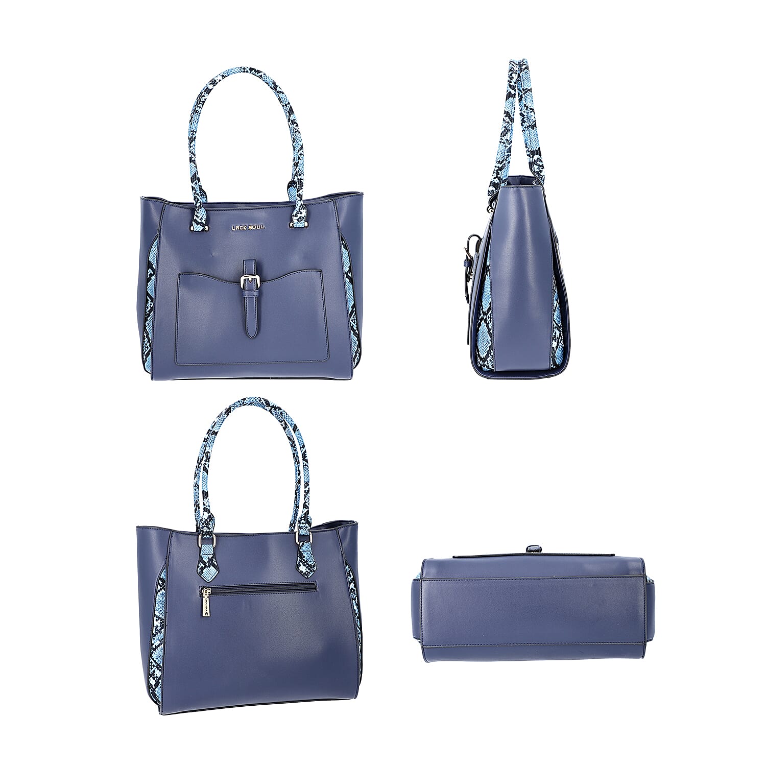 LOCK SOUL  Blue Snake Pattern Handbag with Detachable Shoulder Strap (38x16x30cm) - Dark Blue