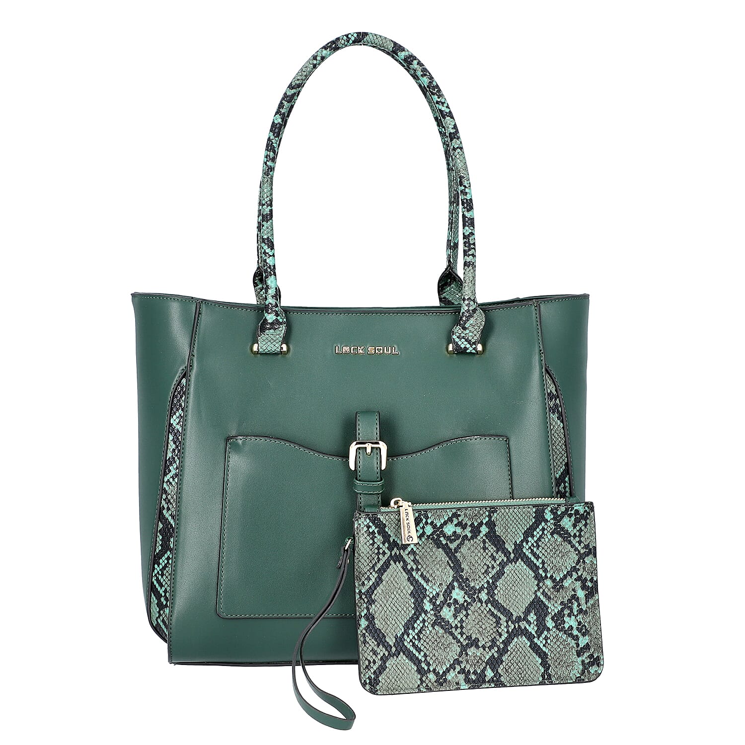 LOCK SOUL Snake Pattern Handbag with Detachable Shoulder Strap (38x16x30cm) - Dark Green