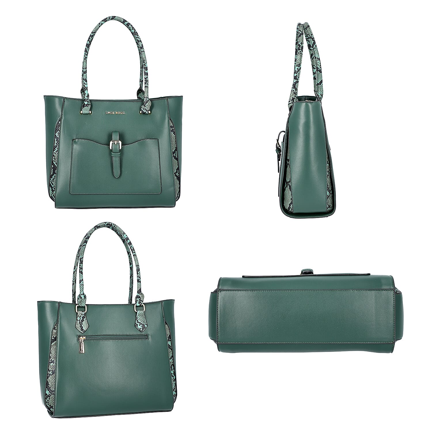 LOCK SOUL Snake Pattern Handbag with Detachable Shoulder Strap (38x16x30cm) - Dark Green