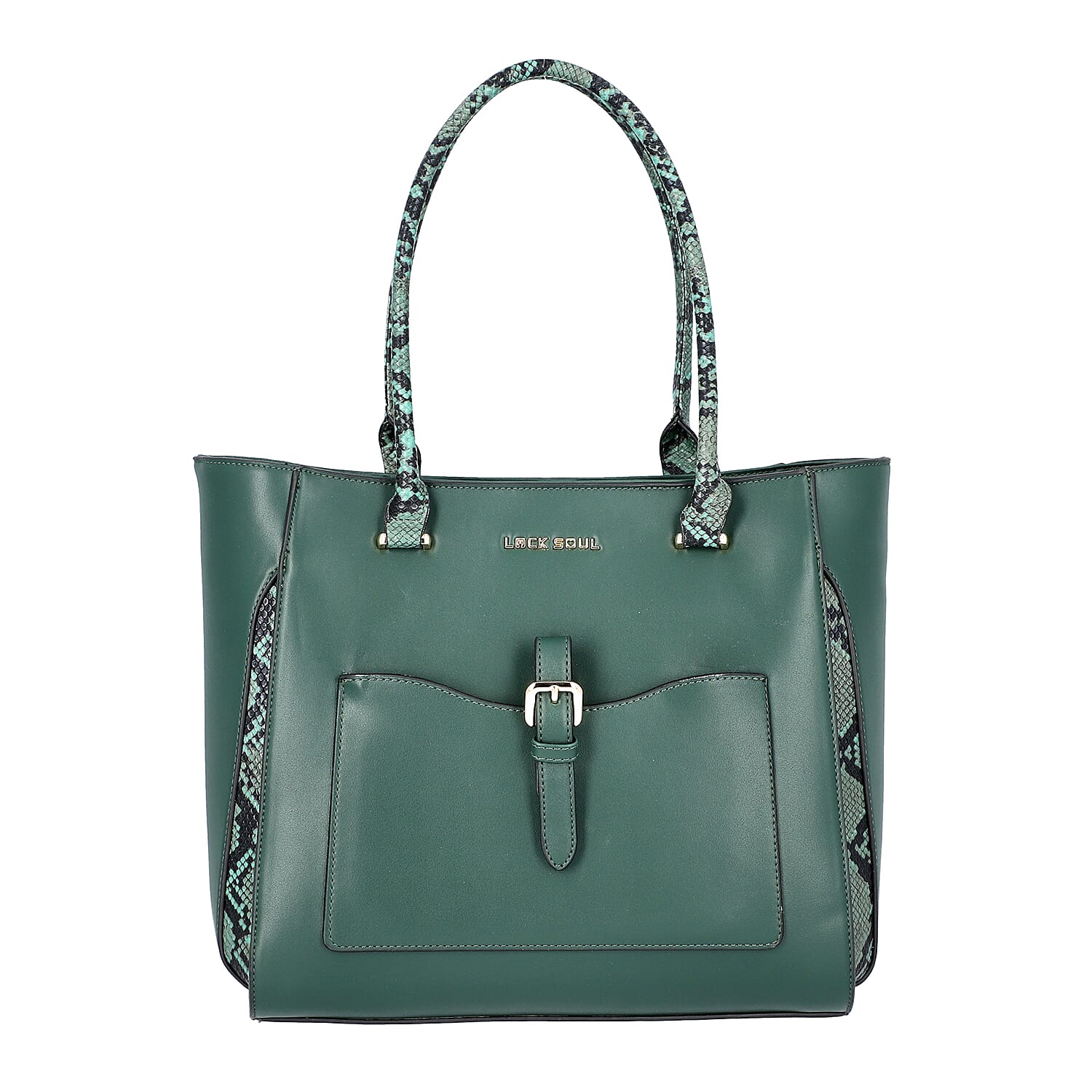 LOCK SOUL Snake Pattern Handbag with Detachable Shoulder Strap (38x16x30cm) - Dark Green