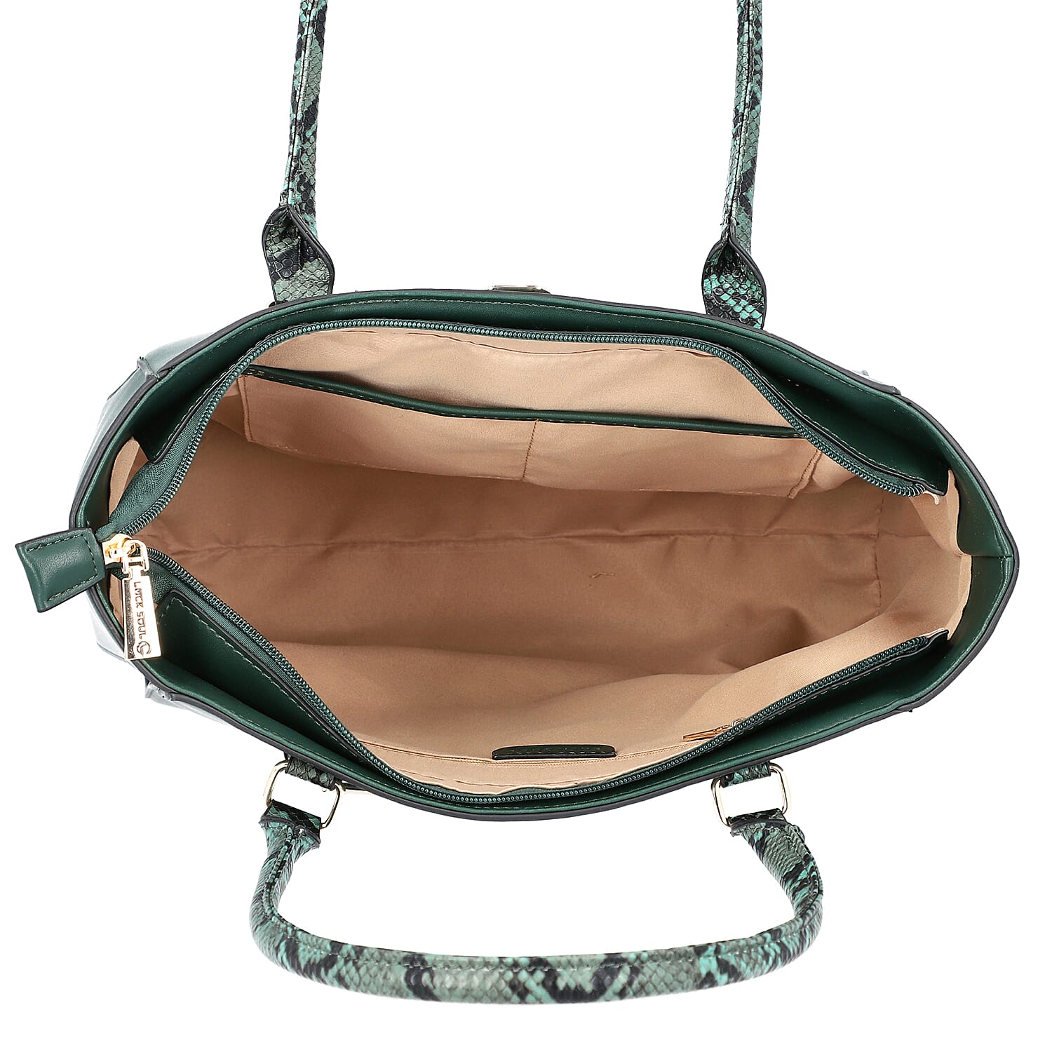 LOCK SOUL Snake Pattern Handbag with Detachable Shoulder Strap (38x16x30cm) - Dark Green