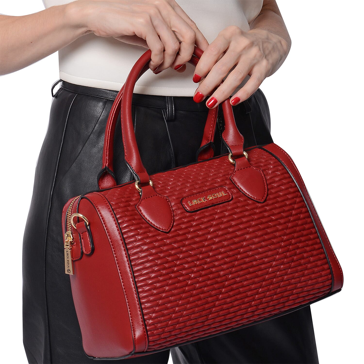 LOCK SOUL Red Colour Corn Grain Textured Satchel Bag with Detachable Shoulder Strap (Size 28x15x21 Cm)