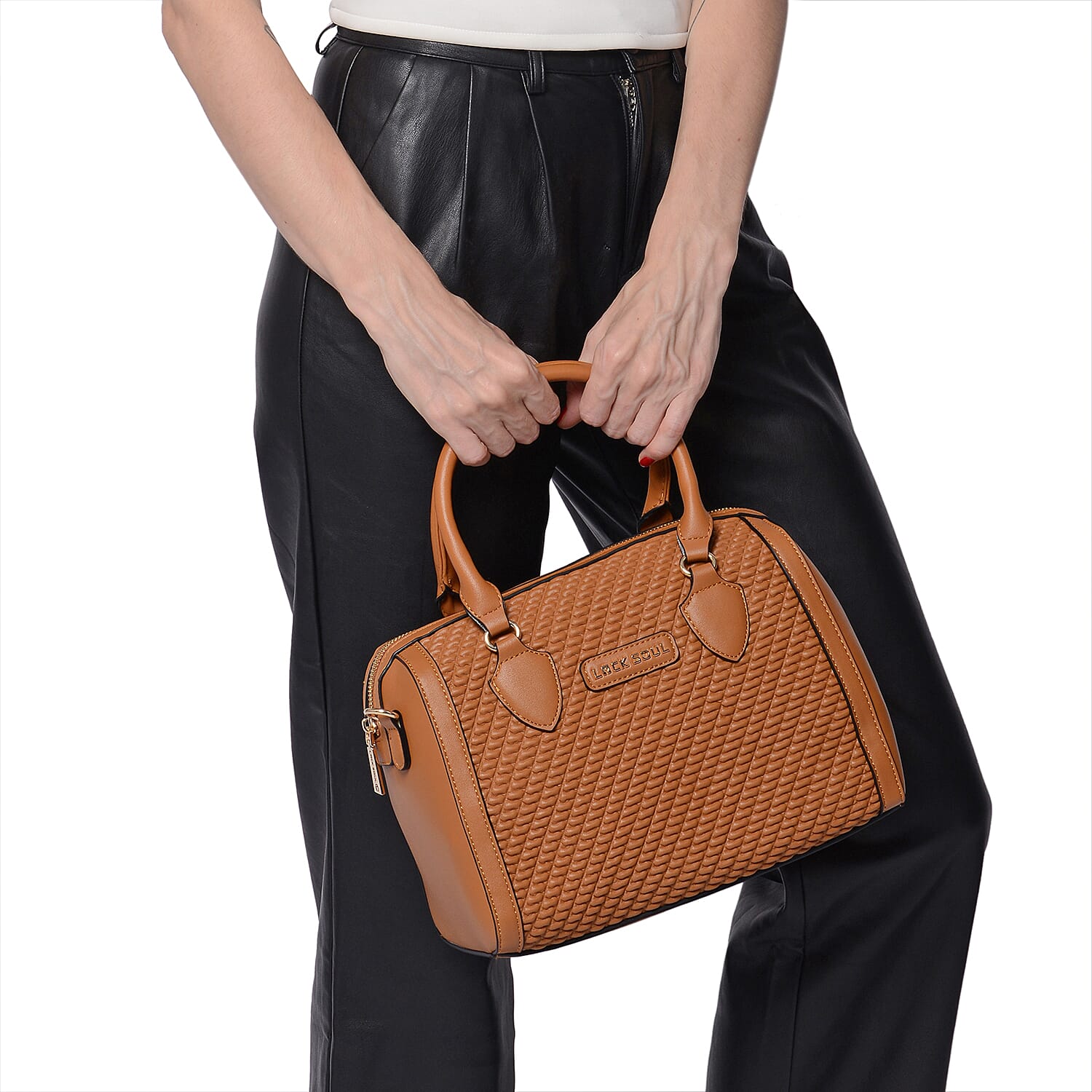 LOCK SOUL Tan Colour Corn Grain Textured Satchel Bag with Detachable Shoulder Strap (Size 28x15x21 Cm)