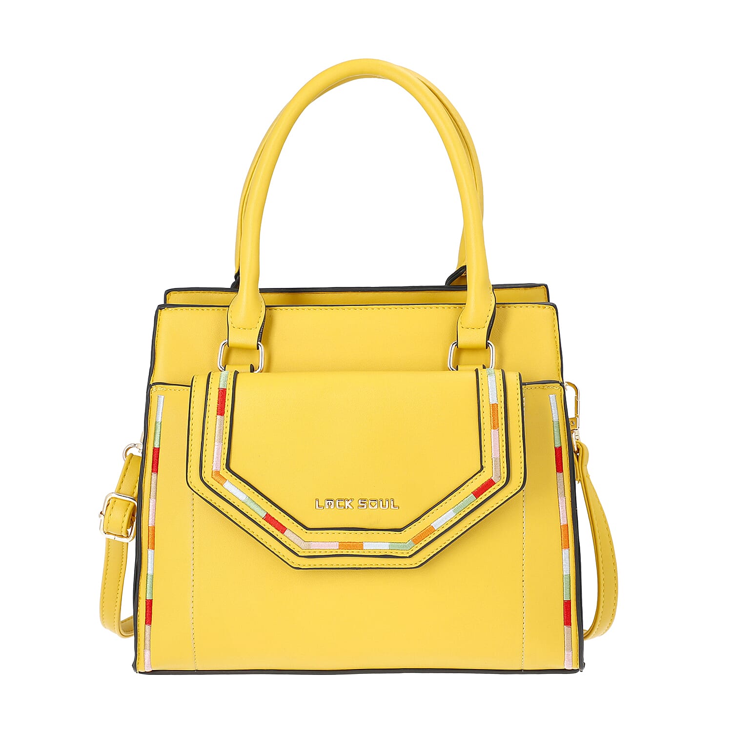 LOCK SOUL Yellow Handbag with Detachable Shoulder Strap and Flap Pocket at Front (28x13x23cm)