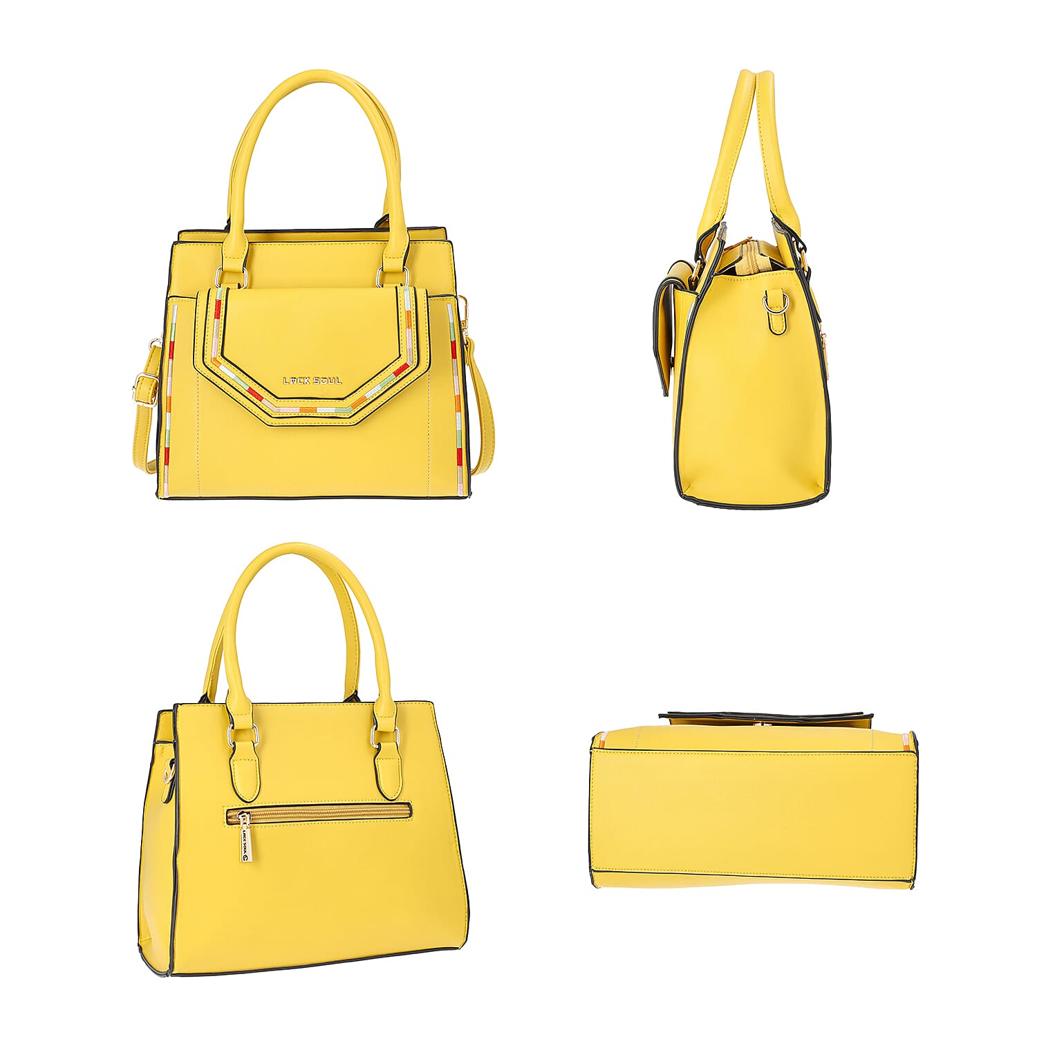 LOCK SOUL Yellow Handbag with Detachable Shoulder Strap and Flap Pocket at Front (28x13x23cm)