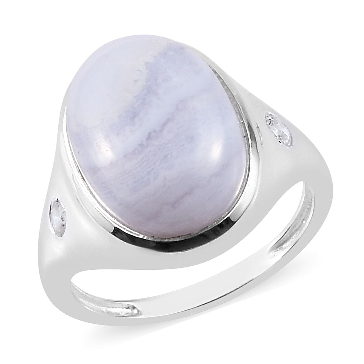 Blue Lace Agate, Natural Cambodian Zircon Ring in Sterling Silver 5.75 Ct.