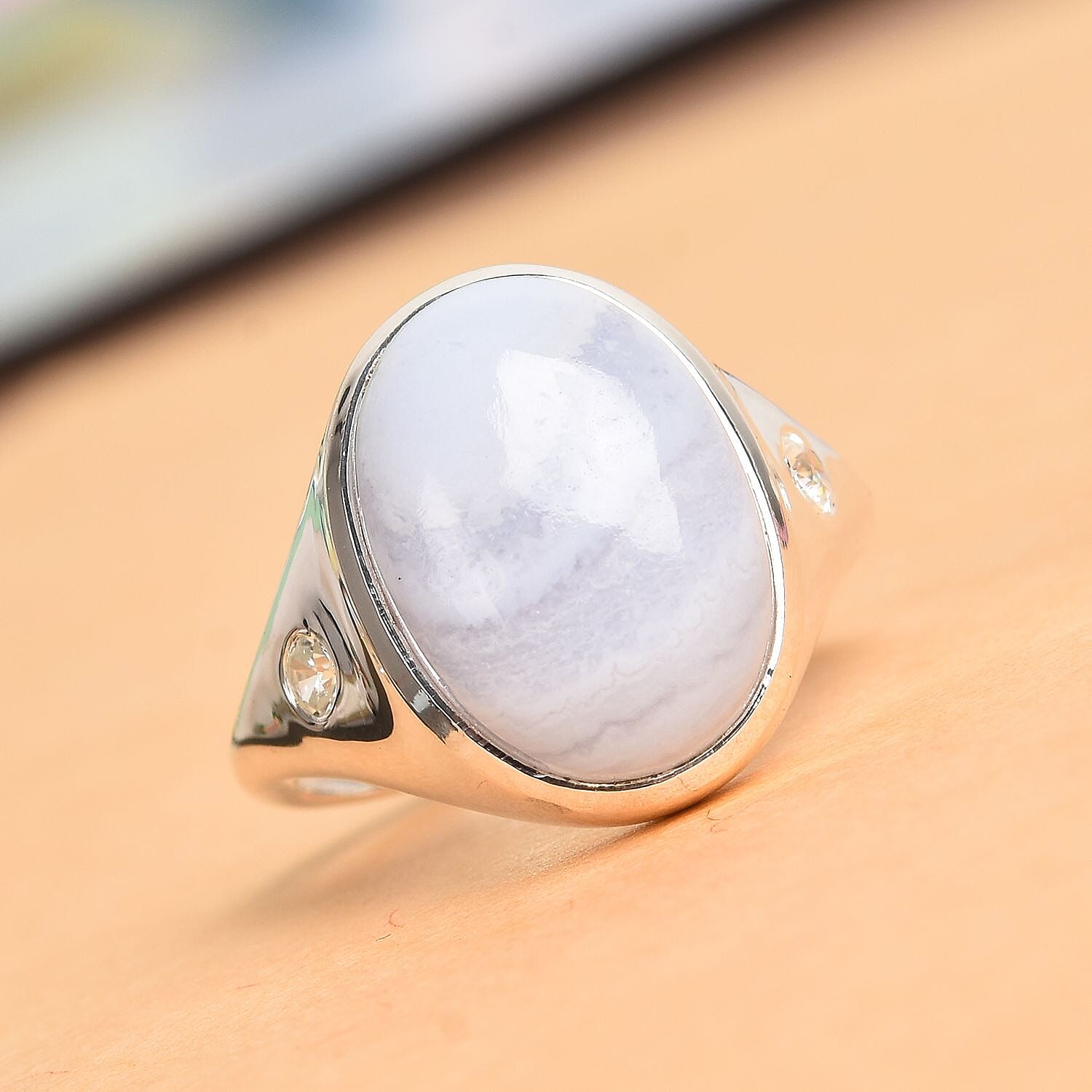 Blue Lace Agate, Natural Cambodian Zircon Ring in Sterling Silver 5.75 Ct.
