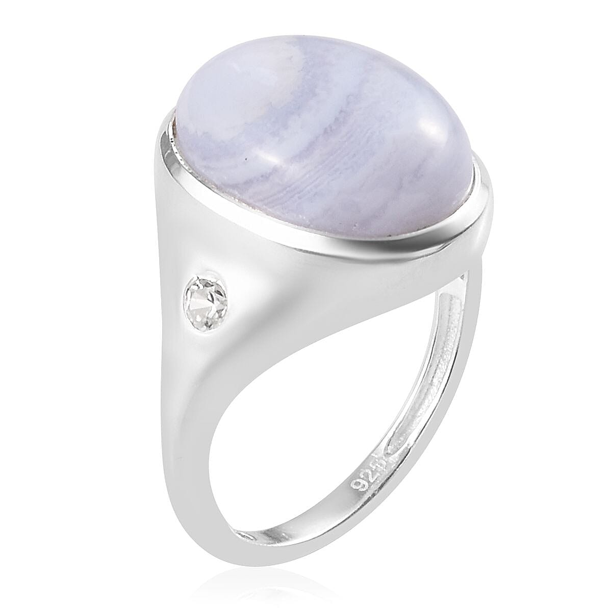 Blue Lace Agate, Natural Cambodian Zircon Ring in Sterling Silver 5.75 Ct.