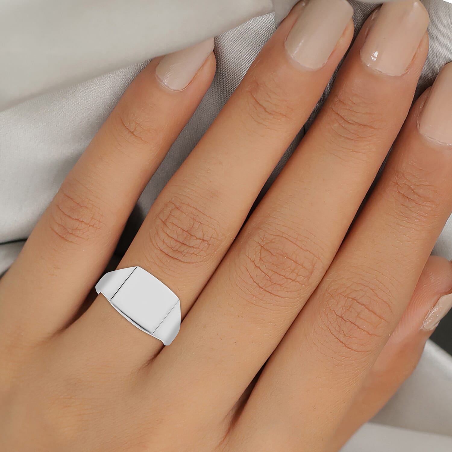 Platinum Overlay Sterling Silver Sqaure Signet Ring, Silver Wt 6.02 Gms