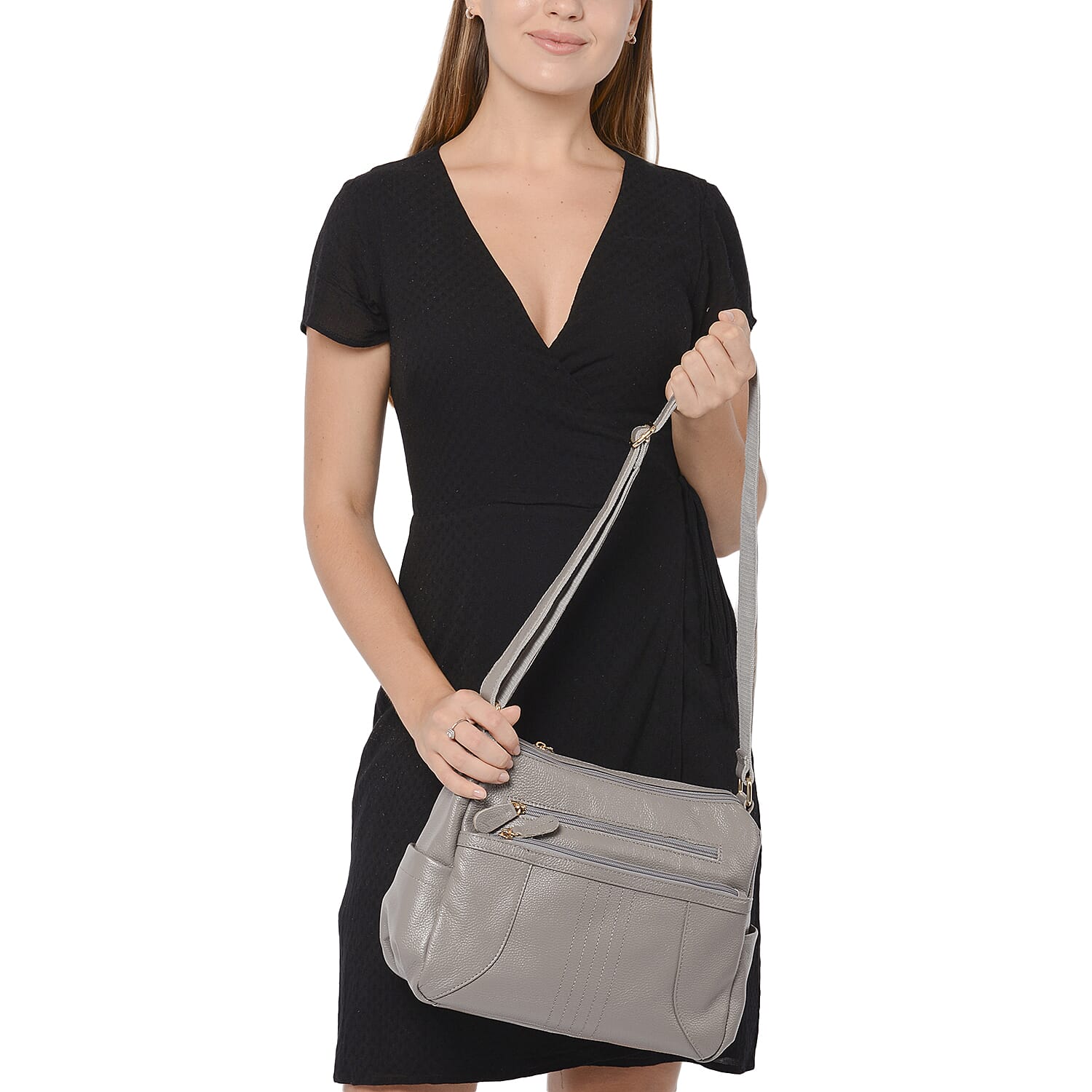 100% Genuine Leather Crossbody Bag with Multiple Pockets and Zipper Closure (Size 31x13x24 Cm) - Grey