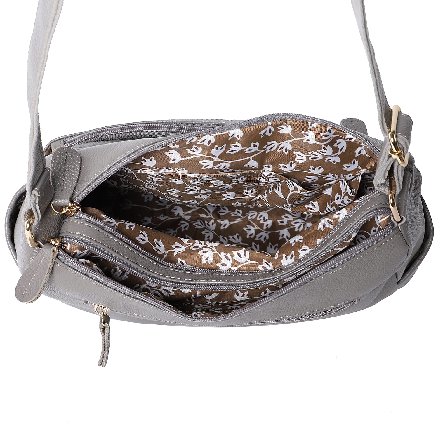 100% Genuine Leather Crossbody Bag with Multiple Pockets and Zipper Closure (Size 31x13x24 Cm) - Grey