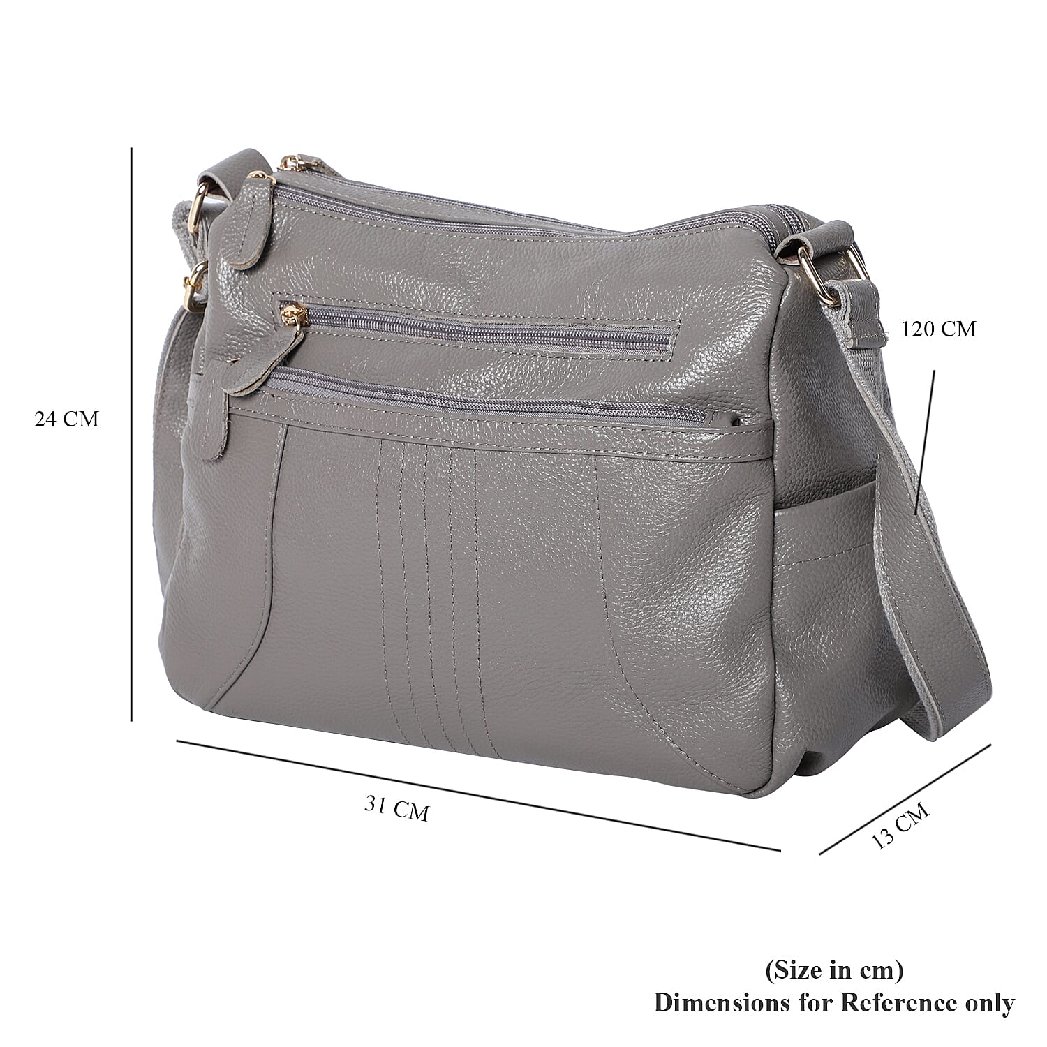 100% Genuine Leather Crossbody Bag with Multiple Pockets and Zipper Closure (Size 31x13x24 Cm) - Grey