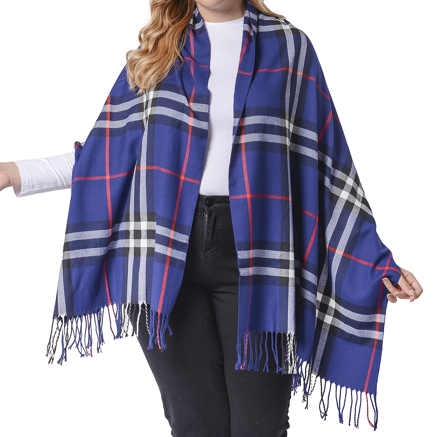 One Time Deal- Designer Inspired Check Pattern Scarf (Size 180x65cm) - Navy