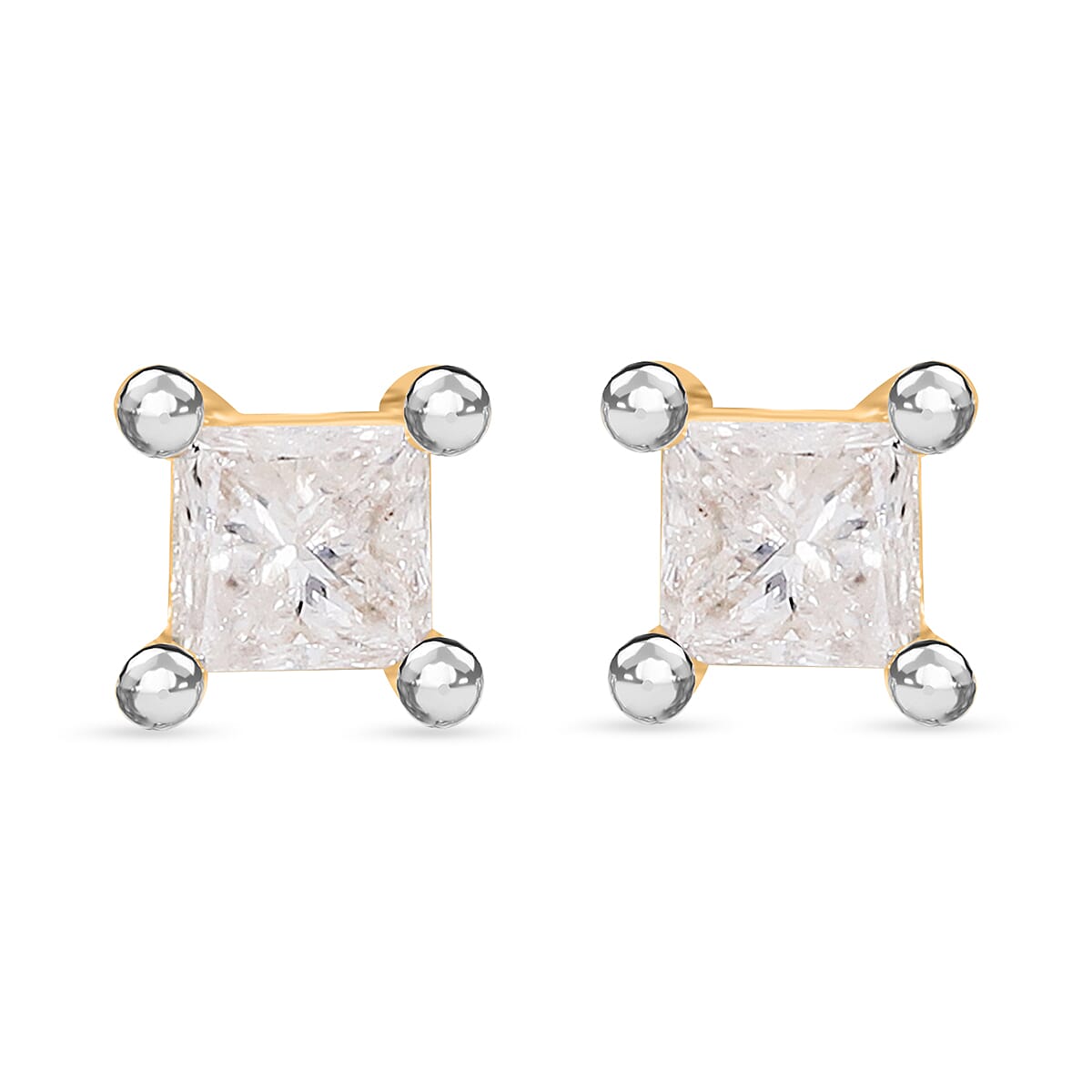 9K Yellow Gold SGL Certified Diamond (I3-G-H) Square Stud Earrings (with Push Back) 0.25 Ct.