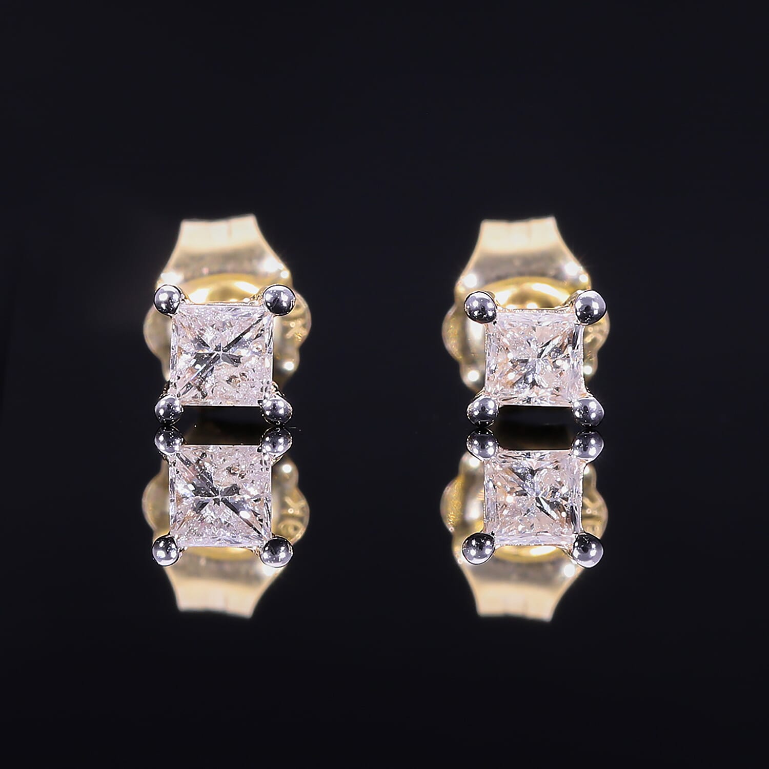 9K Yellow Gold SGL Certified Diamond (I3-G-H) Square Stud Earrings (with Push Back) 0.25 Ct.