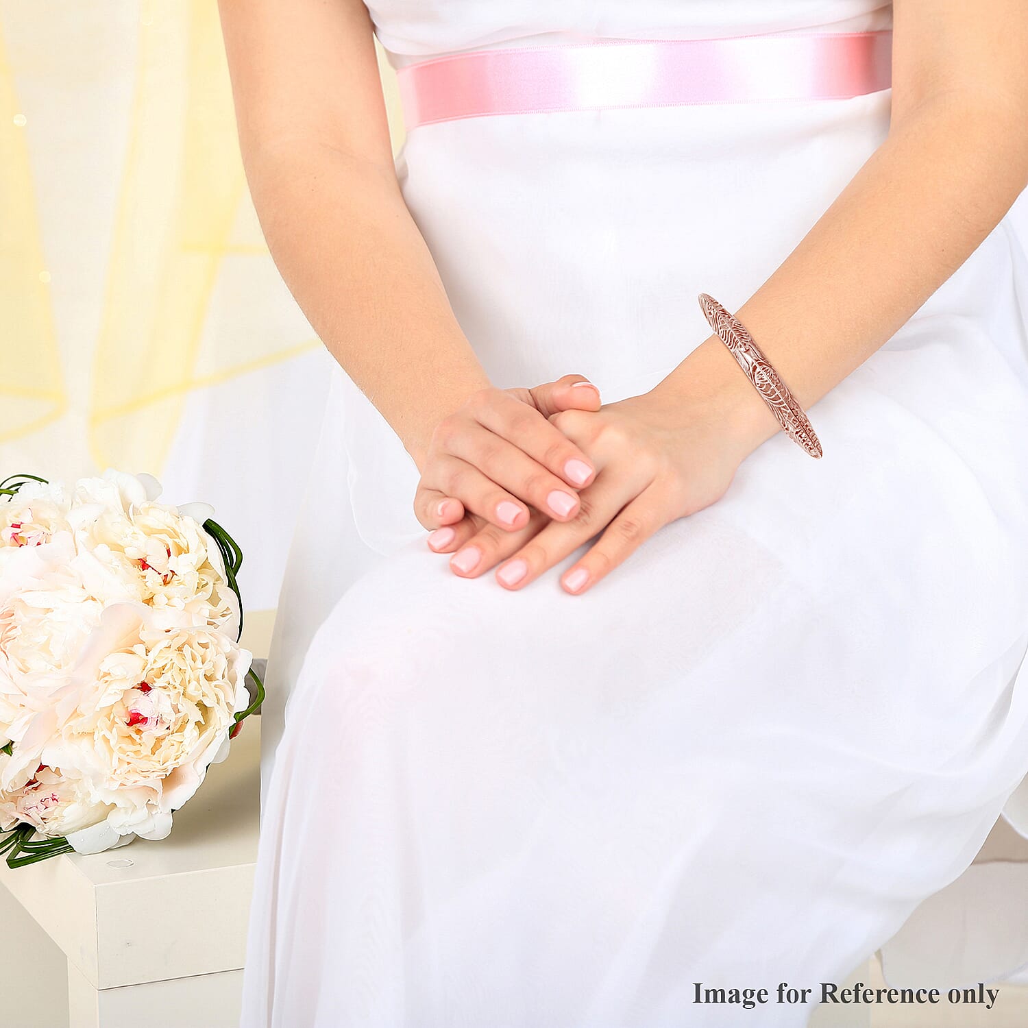 Isabella Liu Sea Rhyme Collection - White Austrian Crystal Bangle (Size 7) in Rose Gold Overlay Sterling Silver, Silver wt 59.90 Gms