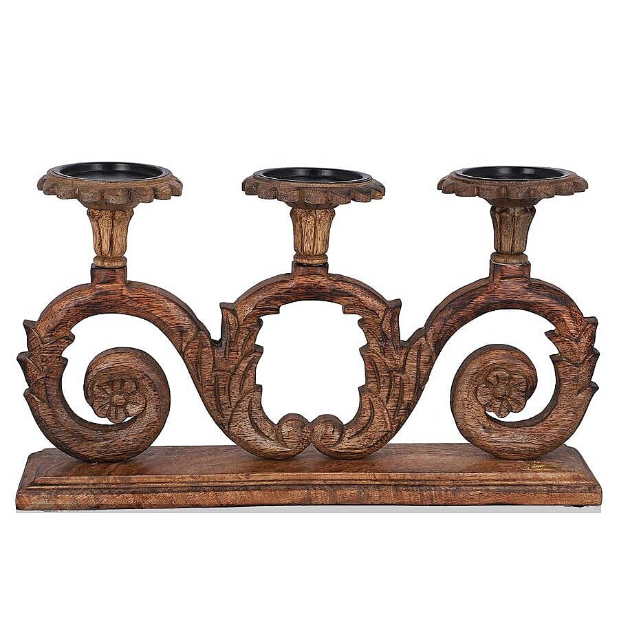 NAKKASHI Hand Carved Wooden Candle Stand (3 Candles)