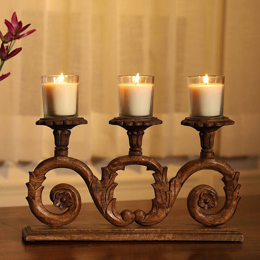 NAKKASHI Hand Carved Wooden Candle Stand (3 Candles)