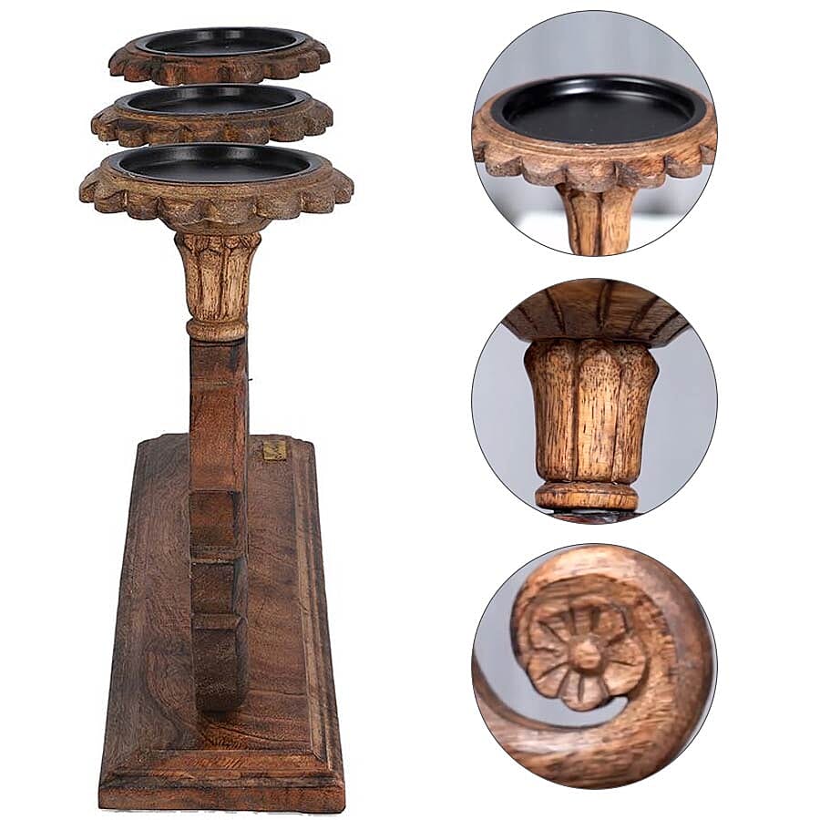 NAKKASHI Hand Carved Wooden Candle Stand (3 Candles)