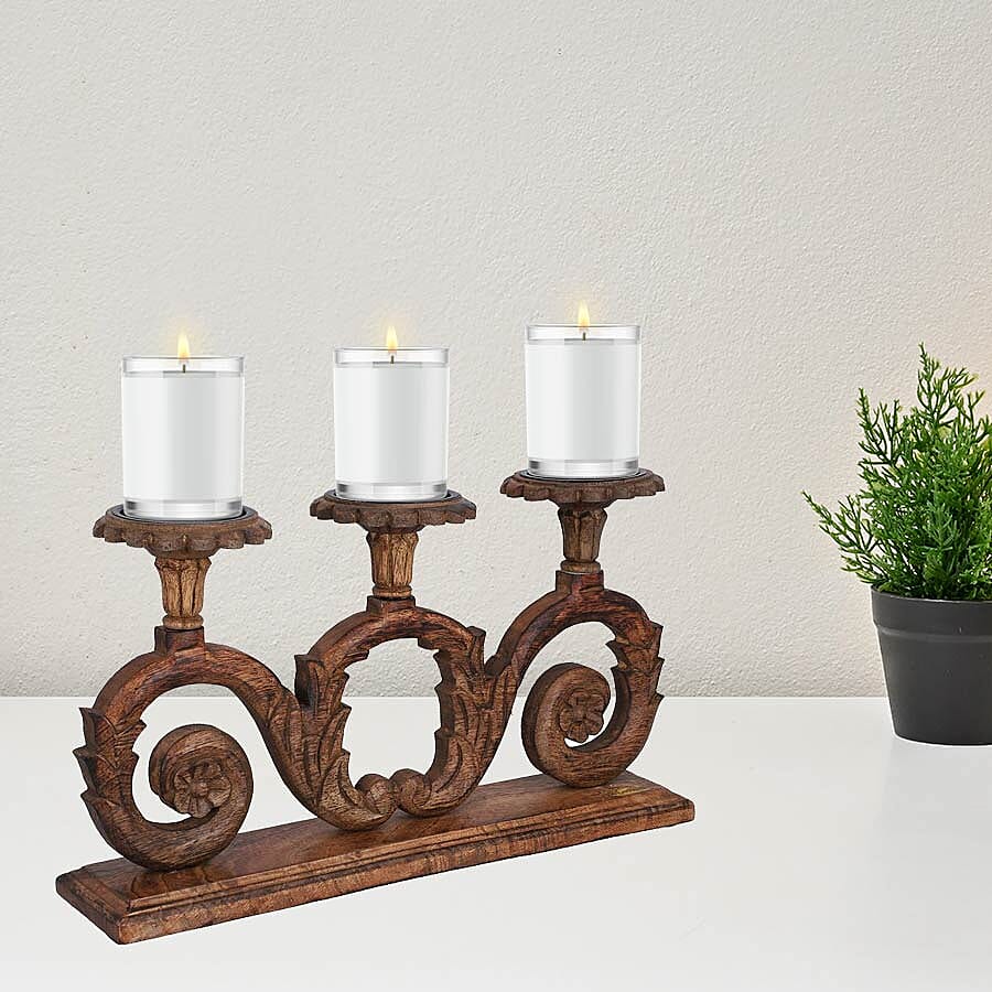 NAKKASHI Hand Carved Wooden Candle Stand (3 Candles)