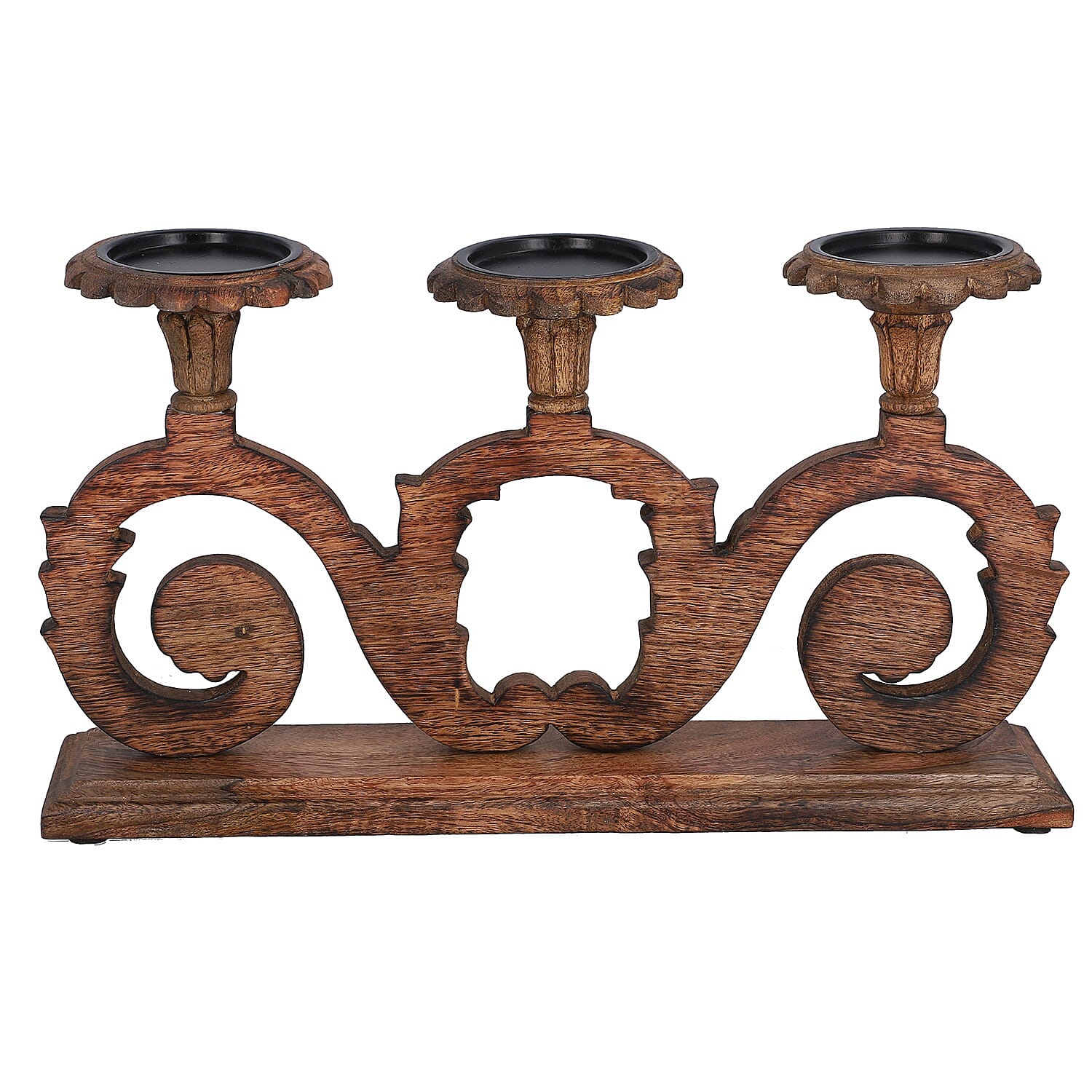 NAKKASHI Hand Carved Wooden Candle Stand (3 Candles)