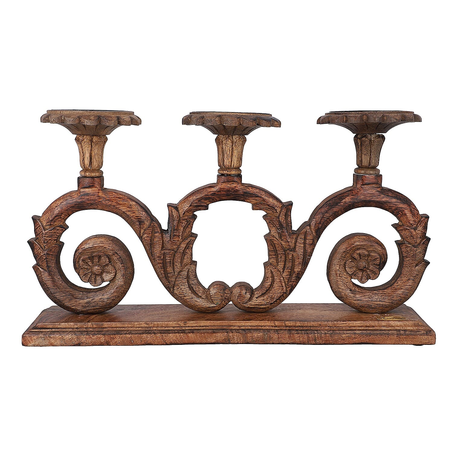 NAKKASHI Hand Carved Wooden Candle Stand (3 Candles)