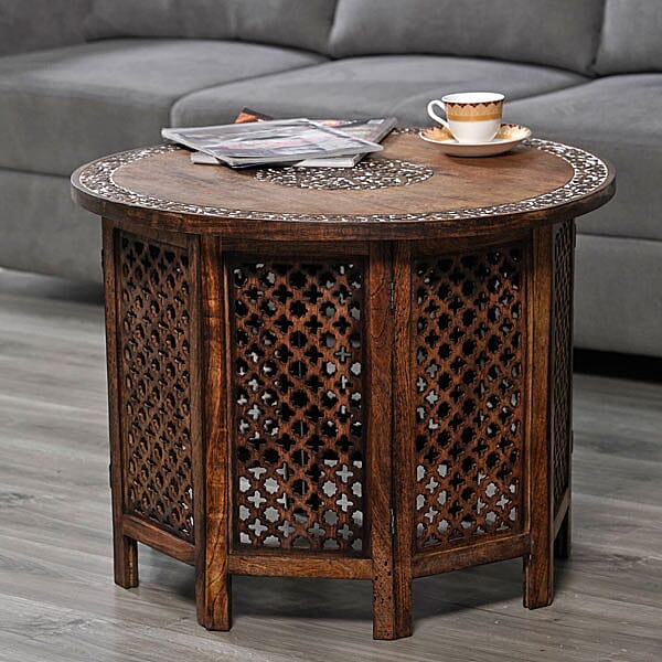 NAKKASHI - Hand Carved Solid Mango Wood Round Table in Natural Finish (Size 51x68 Cm) with Jali Knock Down Stand- Dark Brown